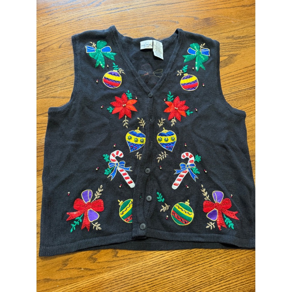 Bobbie Brooks Vintage Christmas Sweater Vest Black Embroidered Plus 18W/20W